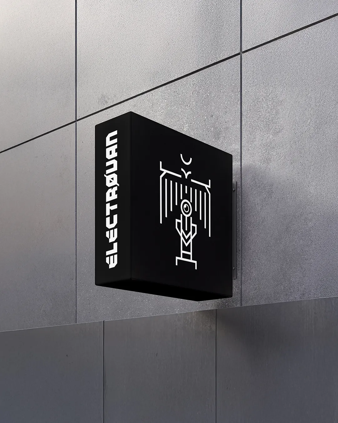 Black ÉLECTRØUAN projecting sign with white lettering and line artwork on a concrete facade.