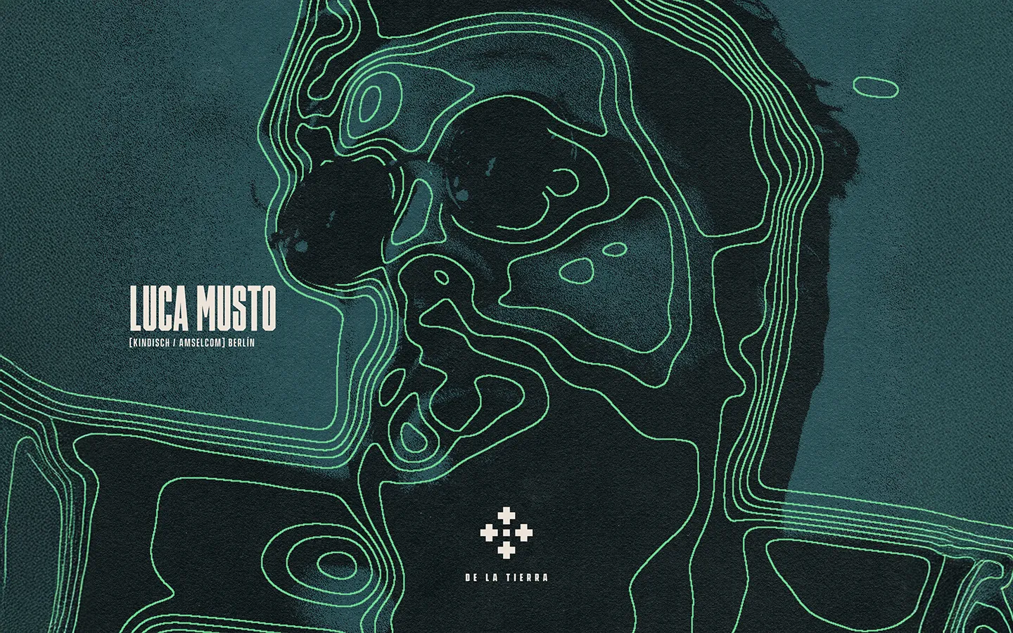 Green contour illustration and Luca Musto lettering printed on a textured dark surface.