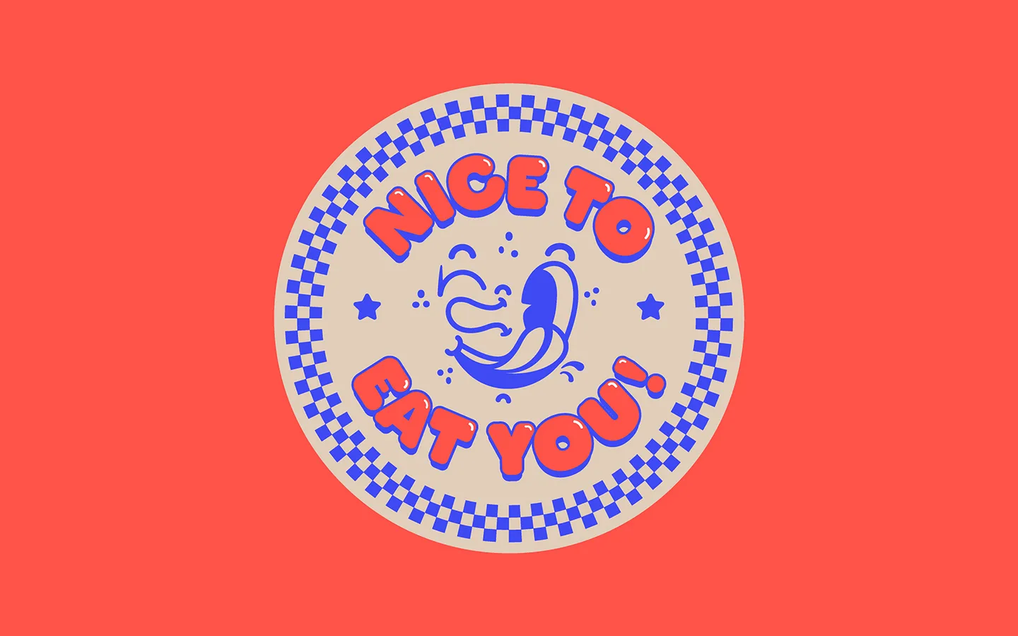 Circular Nice to Eat You graphic with a smiling illustrated character on a coral background.