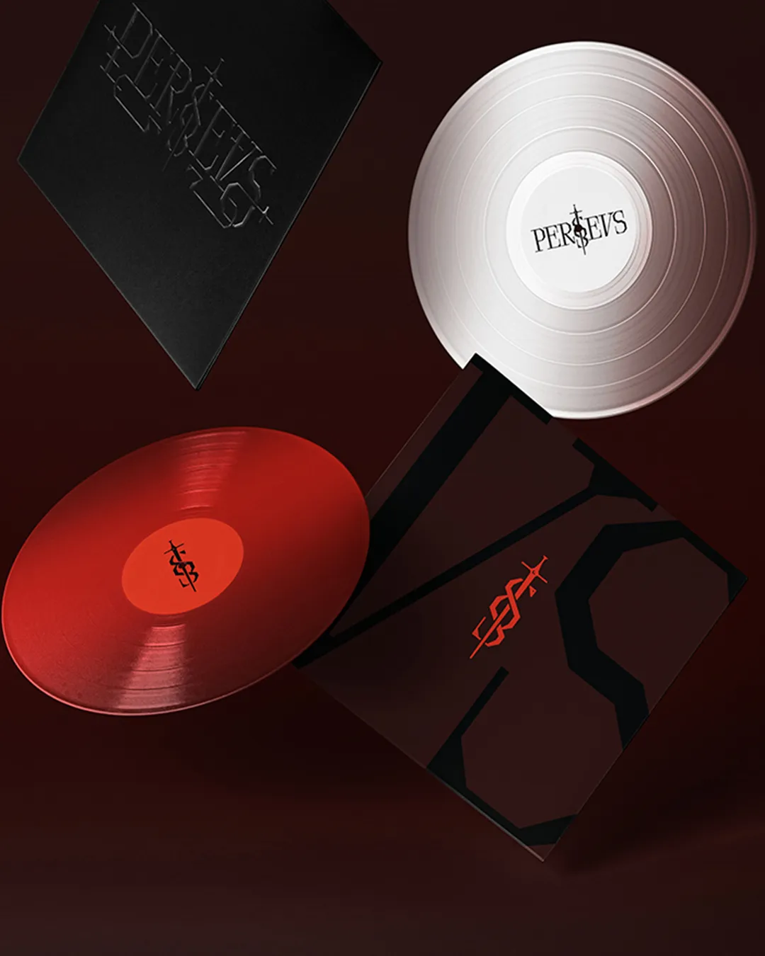PERSEVS identity applied to red and white vinyl records and dark record sleeves.